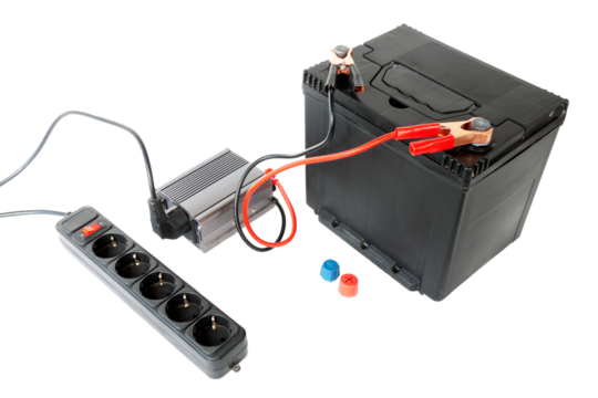 Power inverter connected to the battery, DC to AC converter, on isolated white background.