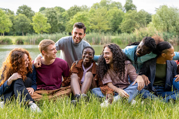International group of friends and studends, diversity and multicultural people concept, young women and men havign fun