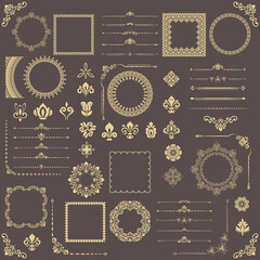 Obraz na płótnie Canvas Vintage set of vector horizontal, square and round elements. Elements for backgrounds and frames. Brown and yellow classic patterns. Set of vintage patterns