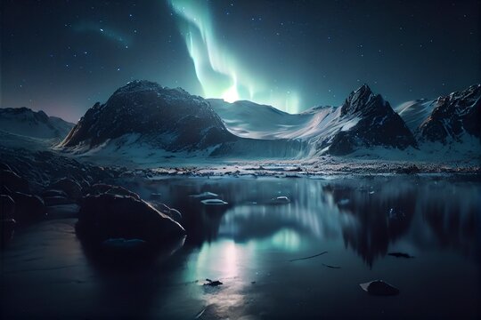 A winter scene with beautiful green northern lights dancing over a calm lake with mountains in the background.