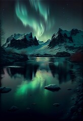 A winter scene with beautiful green and red northern lights dancing over a calm lake with mountains in the background.