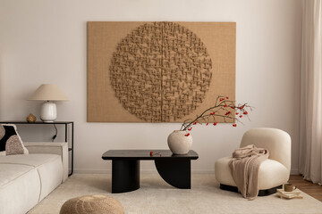 Interior design of living room with mock up poster frame, modern black coffee table, beige sofa, vase with rowan, rounded shapes armchair, pouf. lamp and personal accessories. Home decor. Template.