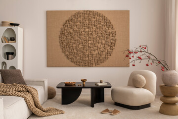 Japandi living room interior with mock up poster frame, modern black coffee table, rounded shapes...