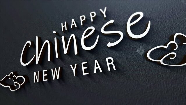 3D animation of Happy Chiness New Year silver chrome text cinematic title on black background. Ending cover for end scence trailer New year event background