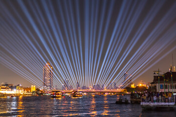 Fototapeta na wymiar Phra Phuttha Yodfa Bridge or Memorial Bridge light up with fireworks event show. ‘Vijit Chao Phraya’ lighting extravaganza with firework at Memorial Bridge,
