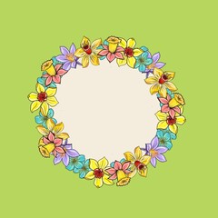 Spring floral wreath of daffodils and crocuses, hand drawn, copy space. Easter floral wreath, round floral frame for text