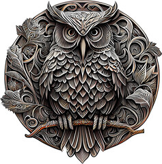 3d rendering of an owl on a metal badge without background