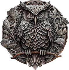 Foto op Plexiglas Uiltjes 3d rendering of an owl on a metal badge without background