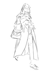 Fashion woman walking and drinking coffee, abstract street style portrait, line art, quick sketch, vector illustration, girl beauty minimalist