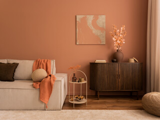 Creative composition of living room interior with mock up poster frame, wooden sideboard, modular...
