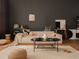 Elegant living room interior with mock up poster frame, modular sofa, black coffee table, rug,...