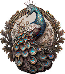 3d rendering of peacock on metal badge without background - obrazy, fototapety, plakaty
