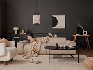 Asthetic composition of living room interior with mock up poster frame, modular sofa, black coffee...