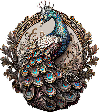 3d rendering of peacock on metal badge without background