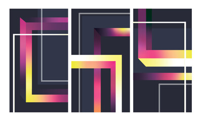 Fototapeta premium Purple abstract 3d geometric gradient shapes design, set of three holographic trendy story templates