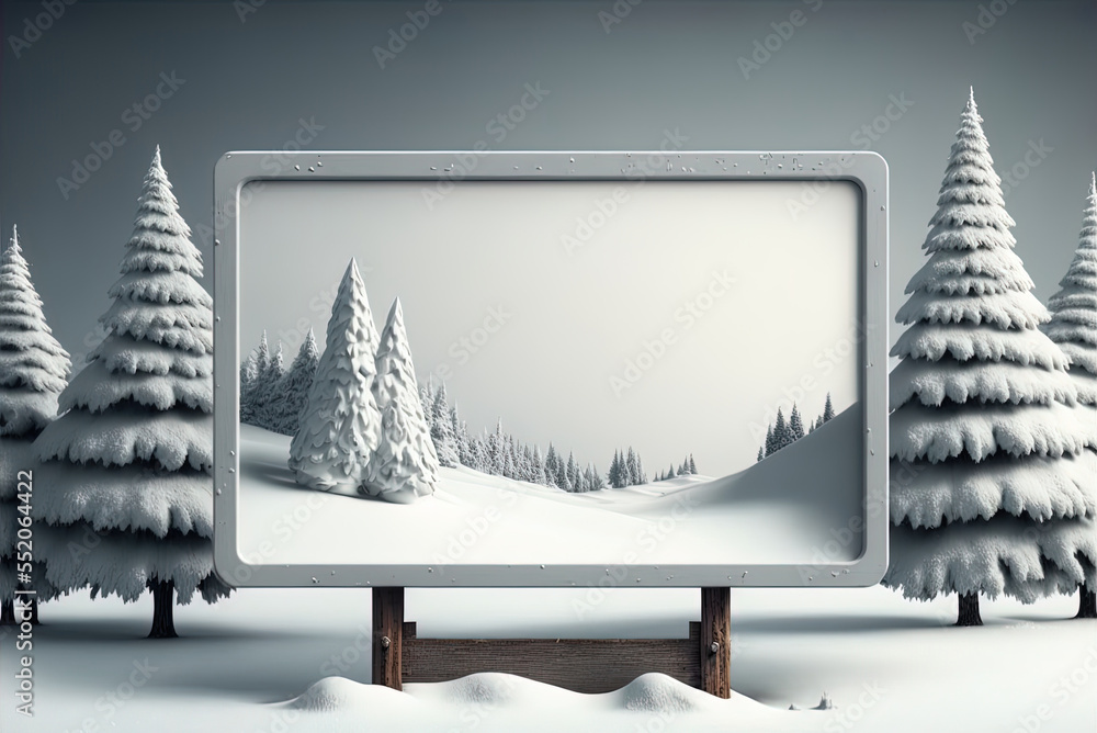 Poster christmas snow scene with empty signboard. generative ai