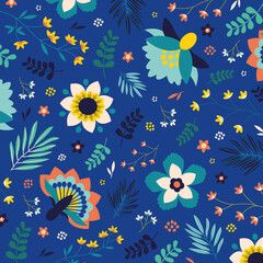Fototapeta na wymiar Floral pattern, with leaves and exotic flowers. Tropical atmosphere. Separate vector elements on blue background.