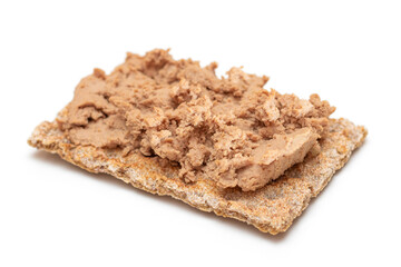 Crispy Sandwich with Chicken Pate Isolated on White Background. Whole Grain Bread with Liver Pate. Diet Breakfast and Healthy Food