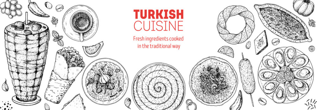 Turkish food vector illustration. Food menu design template. Hand drawn sketch. Turkish food menu. Vintage style. Doner kebab, Pita, Shawarma, Midye Dolma, Lahmacun, Borek, Pide, Pilaf