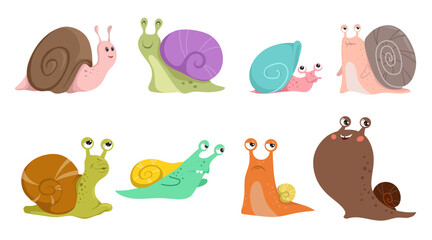 Cute snails set. Different types and emotions, funny snail characters collection. Vector Illustrations isolated on white background. © Sketch Master