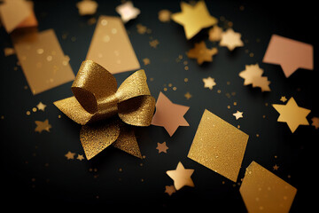 Confetti stars, golden serpentine and bows on a black background. Abstract illustration for Christmas background, template, design, banner. 