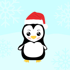Cute penguin character in flat style. Cute penguin with santa claus hat. Winter and new year concept of a penguin with a Santa Claus hat on a background of snow. flat vector illustration eps10