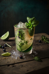 Cold summer mojito cocktail with lime, mint and ice in a glass