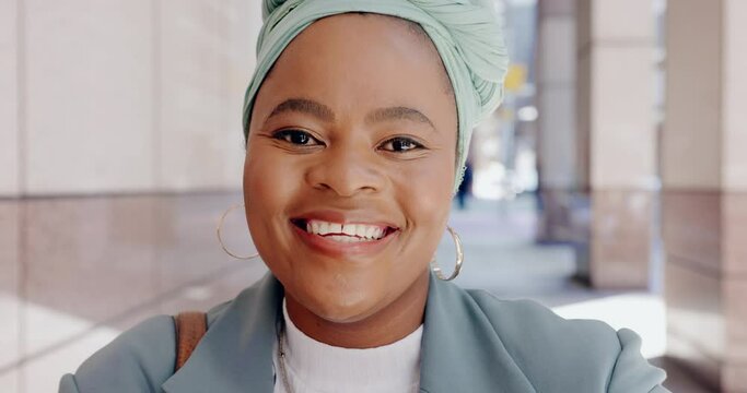 Face, success or black woman in city with a smile, pride or corporate experience on street in Kenya. Goals, portrait or happy employee with business knowledge, motivation or positive mindset laughing