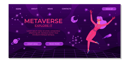 Metaverse digital cyber technology landing page template. Woman in VR glasses and VR suit. Cyberspace travel concept. Innovation network experience, AR gaming. Suitable for banner, ui, website design