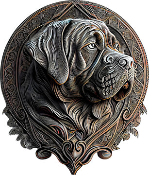 3d rendering of a mastiff on a metal badge without background