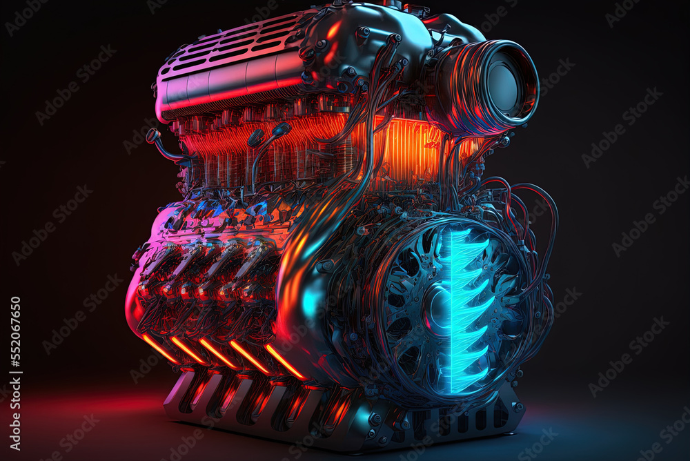 Poster symbol of a neon-lit engine or a super computer generative ai