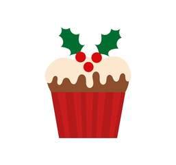 Christmas cake pudding with holly berries decoration icon. Traditional Christmas dessert cupcake.