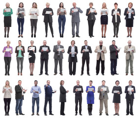Fototapeta premium group of people demonstrating tablet looking at camera