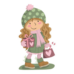 Illustration of a girl carrying christmas gifts