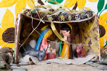 Christmas party in the birth of Christ. Christian nativity scene in the religious tradition of...