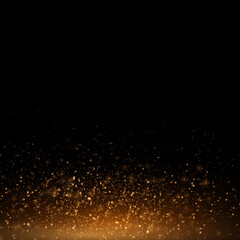 Golden glowing dust on a black background. Backlight from the bottom. Template for the project. Sparkle dots, round tinsel elements celebration backdrop graphic design.