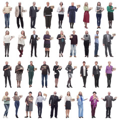 group of happy people with gifts in their hands isolated