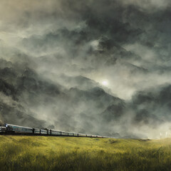 green grass mountains with cloudy sky  fog and train coming 