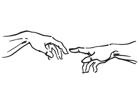 Creation of Adam by God. Hands. Fingers. A touch of God. A fragment of a fresco by Michelangelo Buonarroti