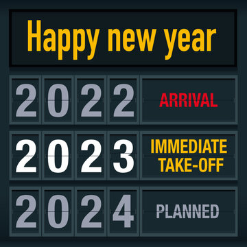 Carte de vœux 2023 avec un message décalé, montrant un tableau d’affichage d’aéroport pour illustrer le passage dans la nouvelle année.
