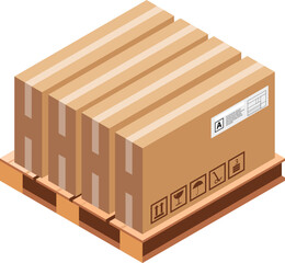 Warehouse pallet with shipping boxes. Cardboard cargo packages stack isometric icon