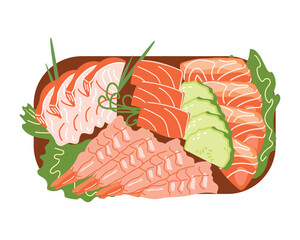 Sashimi meat slicing from Japan Top view. Asian food. Vector illustration on a white background for restaurants, menus, decor