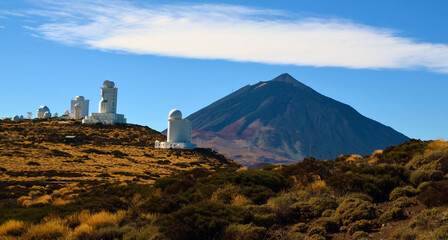 View of Teide National Park with astronomical observatory and Teide volcano in the...