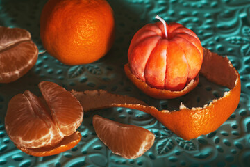 A candle in the shape of a mandarin. Holiday advent. Beautiful handmade candles. Cozy atmosphere in the house