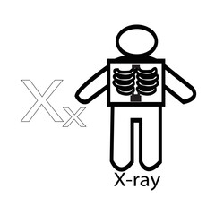 illustration of a set of icons for design.Alphabet X with X-Ray coloring page