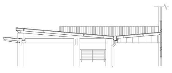 Architectural technical drawing of the roof section that uses steel as the main structure. Drawn in 2D using CAD in black and white. Using metal gutter and roof.