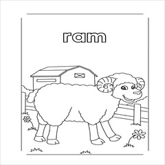 Cute outline doodle sheep with flowers. Vector illustration.ram