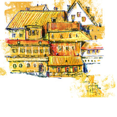 Background with a small town and a place for text. Pastel drawing.