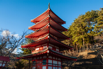 Fototapeta premium Closeup of the Arakure Fuji Sengen Shrine on a winter afternoon in Japan.