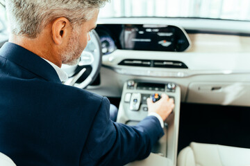 Obraz premium Male sitting in automobile cabin and testing new car, touching button, pointing by finger. Successful businessman in formal wear sitting on driver's seat. Focus on male's head.